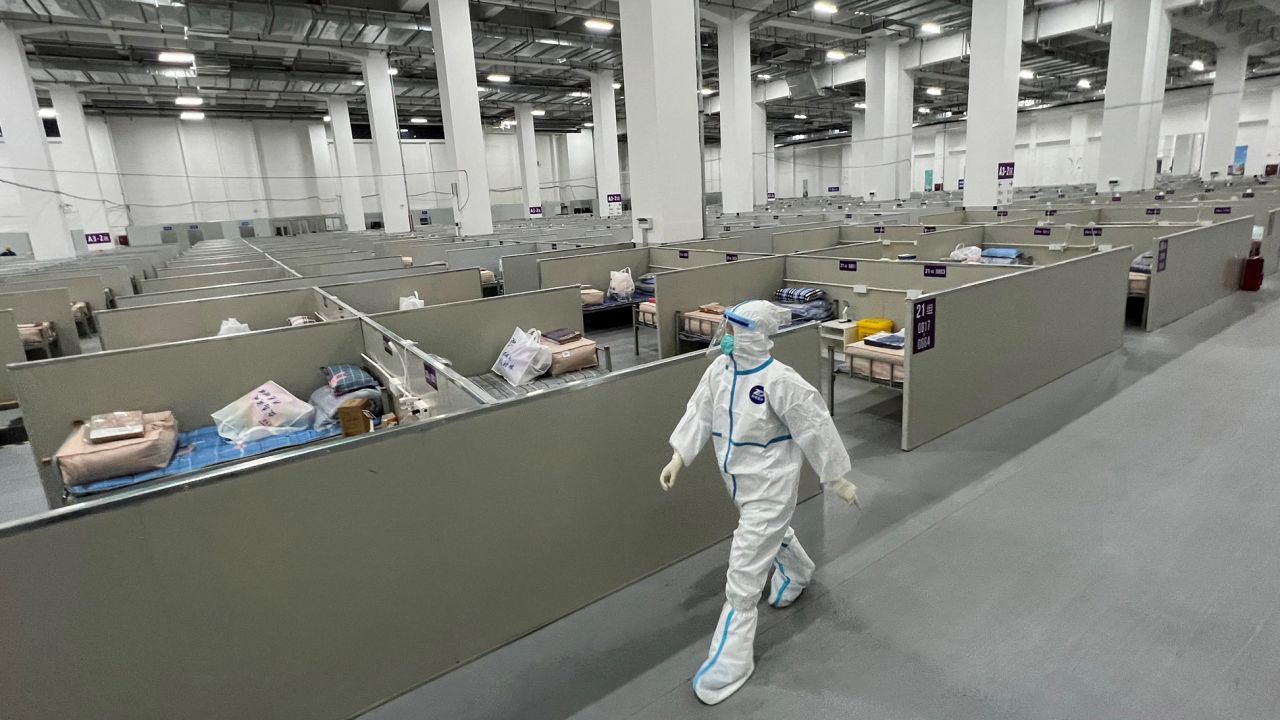 A worker in a makeshift hospital for Covid-19 patients in Shanghai on April 7.