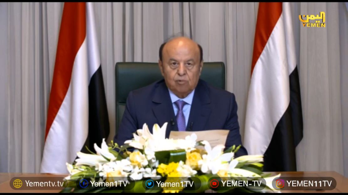 Yemen's President Abd-Rabbu Mansour Hadi delivers a speech as he delegates his own powers to a presidential council, in Riyadh, Saudi Arabia on Thursday.