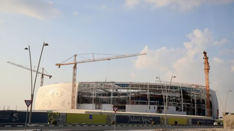 Construction work takes place on the Al Thumama Stadium in Doha in 2019.