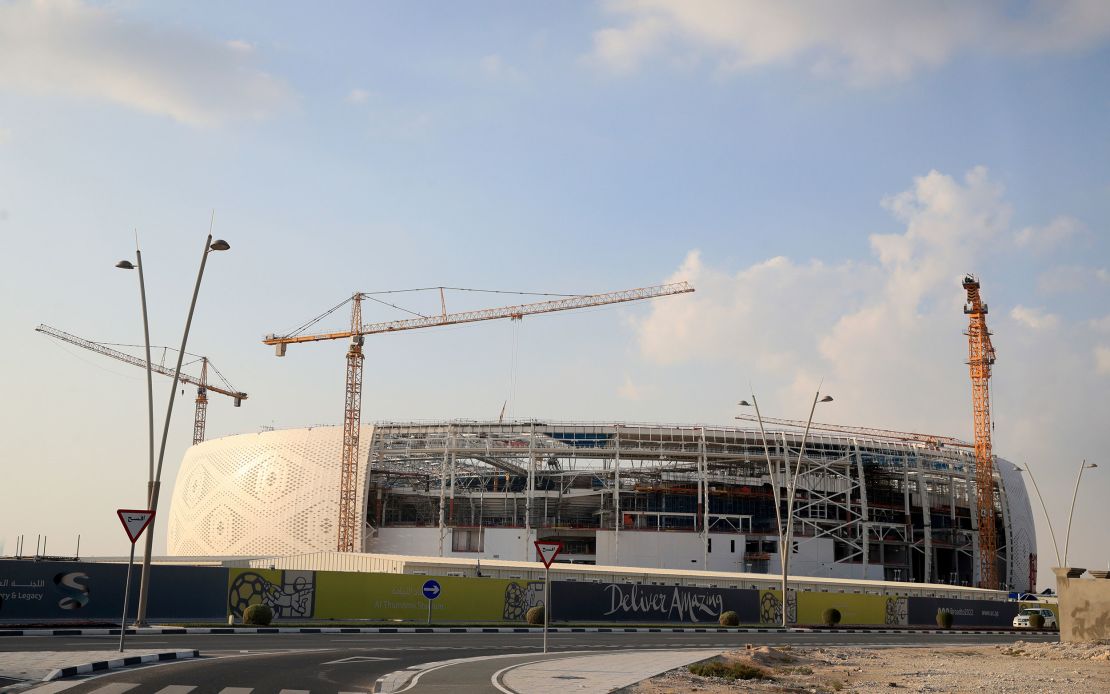 Construction work takes place on the Al Thumama Stadium in Doha in 2019. 