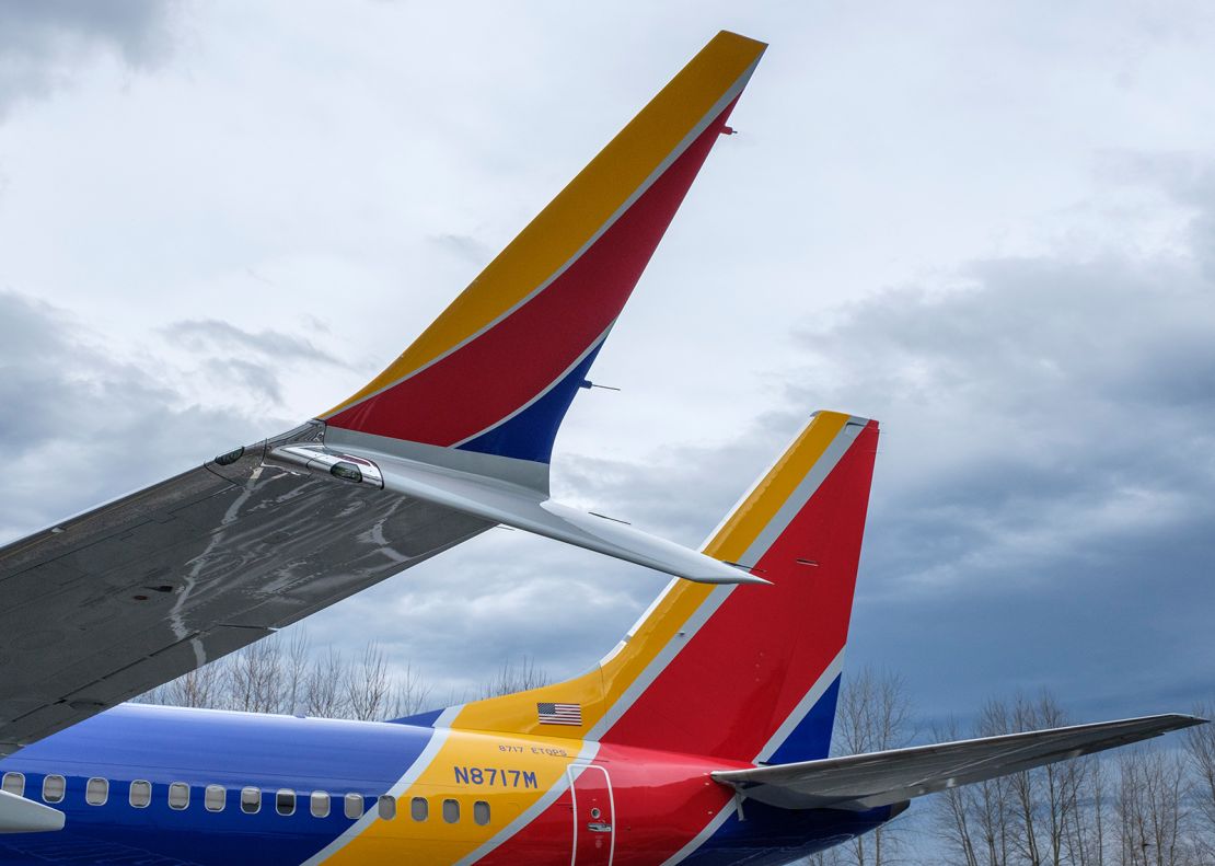 The split scimitar winglet on a Boeing 737 MAX 8.