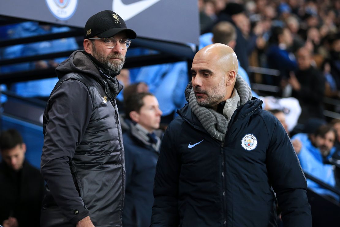 Klopp (L) and Guardiola (R) have been coy in press conferences regarding their side's title chances.