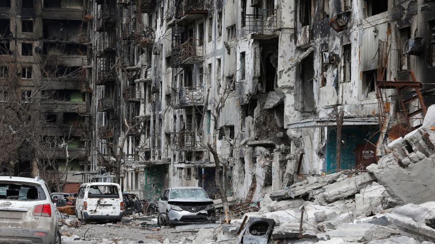 A view shows an apartment building destroyed during Ukraine-Russia conflict in the besieged southern port city of Mariupol, Ukraine April 3, 2022.