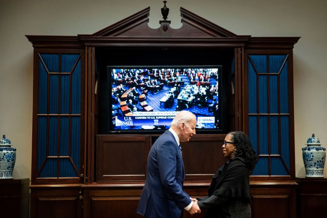 Biden congratulates Jackson during her confirmation vote in April 2022. <a href="index.php?page=&url=https%3A%2F%2Fwww.cnn.com%2Fpolitics%2Flive-news%2Fketanji-brown-jackson-senate-confirmation-vote%2Fh_d4a99376976ed52d23742f6b1ac28a95" target="_blank">They watched the Senate vote</a> from the Roosevelt Room in the White House.