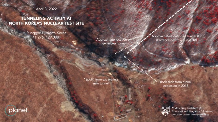 The April 3 imagery from Planet shows a new so-called crosscut tunnel, according to Jeffery Lewis, a weapons expert and professor at the Middlebury Institute of International Studies.