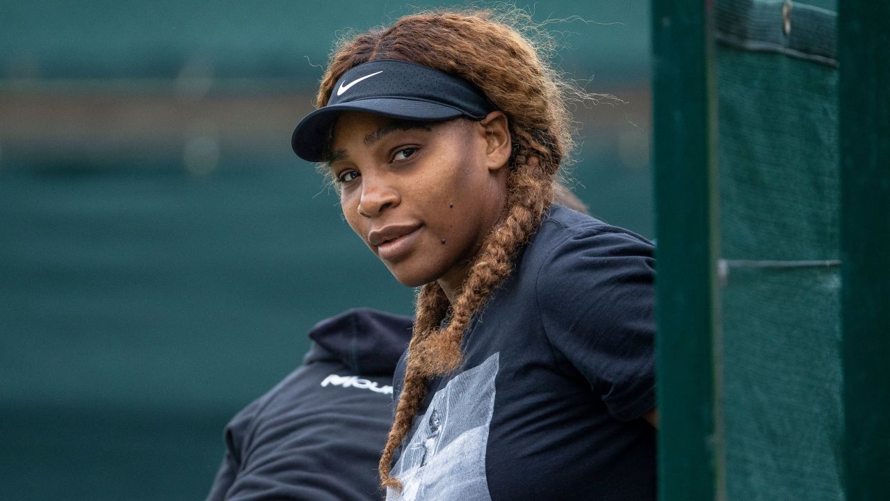 Serena Williams seen here at a practice session ahead of the 2021 Wimbledon competition.