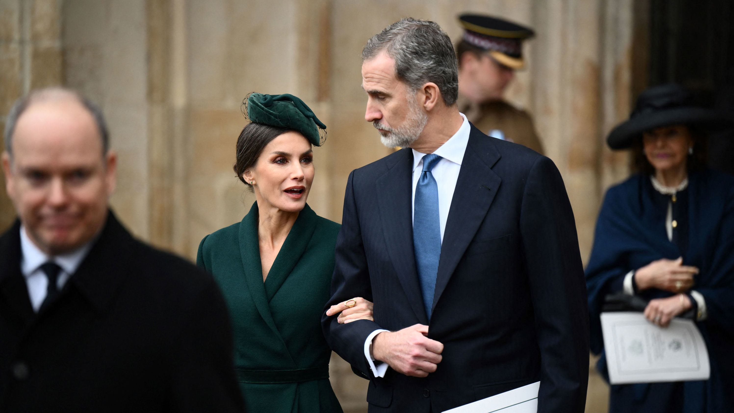 Spain's Felipe VI and Letizia leave the Service of Thanksgiving for Britain's Prince Philip on March 29.