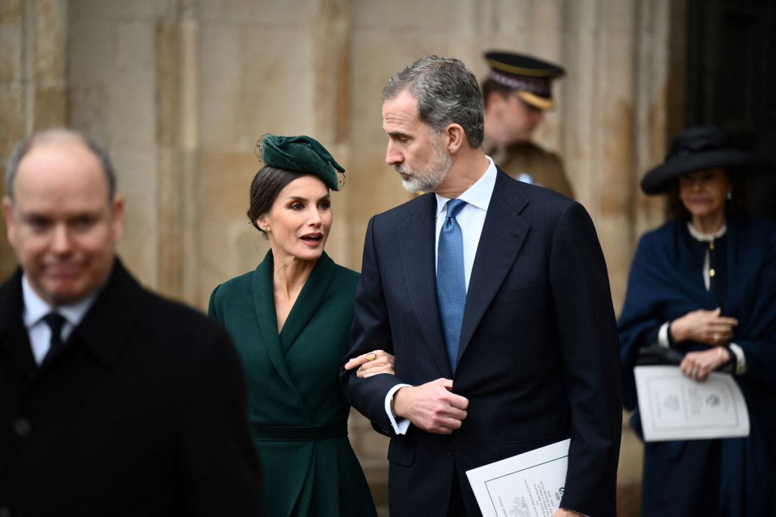 Spain's Felipe VI and Letizia leave the Service of Thanksgiving for Britain's Prince Philip on March 29.
