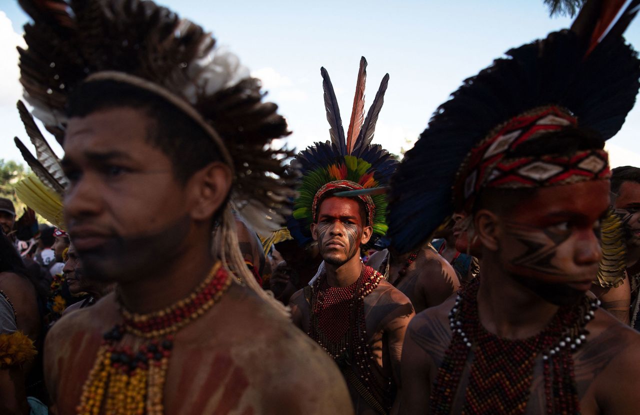 Indigenous men taking part in the annual Terra Livre Indigenous Camp protest in Brasilia, Brazil, on Wednesday, April 6. The 10-day gathering is held by indigenous people from tribes all over Brazil, and they use the event to call for greater protection of their land and rights. 