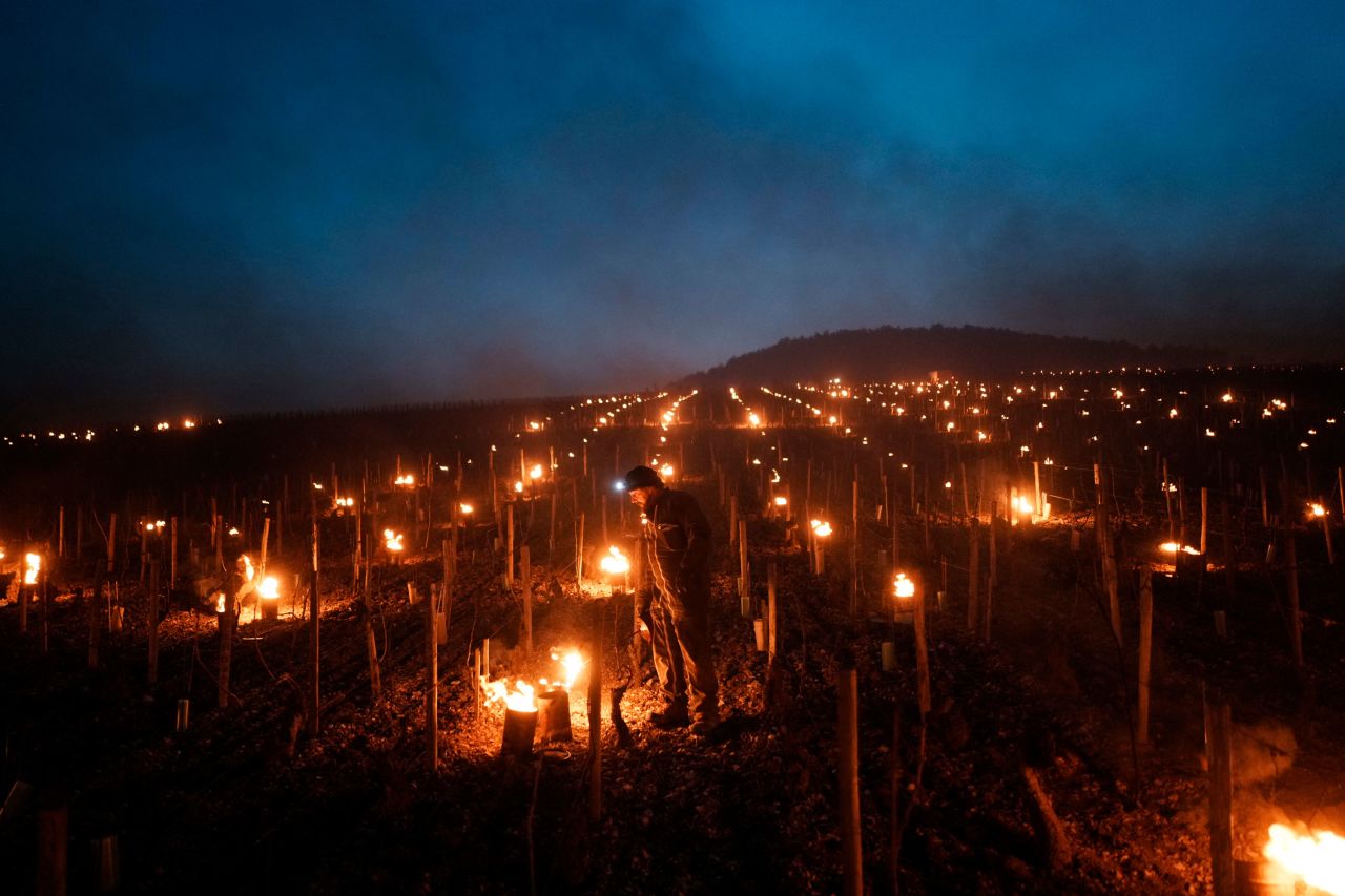 A winegrower checks anti-frost candles to protect blooming buds and flowers at a vineyard in Chablis, France, on Monday, April 4. <a href="http://www.cnn.com/2022/03/31/world/gallery/photos-this-week-march-24-march-31/index.html" target="_blank">See last week in 34 photos.</a>
