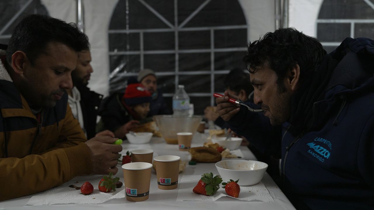 Worshipers break their fast at an iftar meal in a tent outside Strasbourg's Grand Mosque.