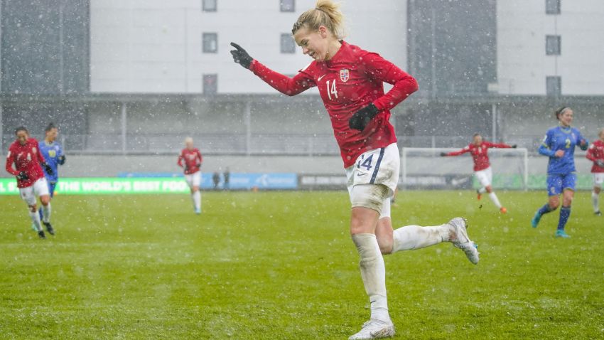 Norway's forward Ada Hegerberg celebrates scoring her third goal during the Women's FIFA World Cup 2023 qualification football match Norway v Kosovo in Sandefjord, on April 7, 2022. - Hegerberg makes her comeback with Norway's national team.  - Norway OUT (Photo by Stian Lysberg Solum / NTB / AFP) / Norway OUT (Photo by STIAN LYSBERG SOLUM/NTB/AFP via Getty Images)