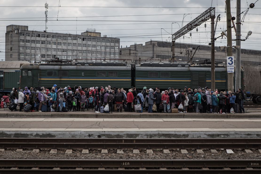 Civilians gather at the Kramatorsk station to be evacuated from combat zones in eastern Ukraine on April 6.