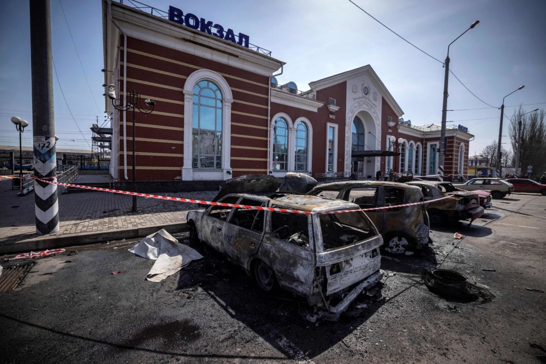 Destroyed cars are pictured outside the train station in Kramatorsk after the missile attack on April 8, 2022. 