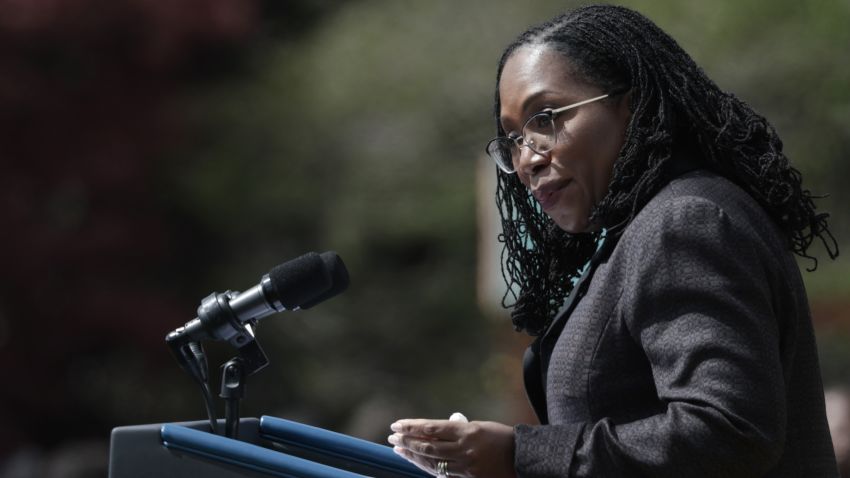 WASHINGTON, DC - APRIL 08:   Judge Ketanji Brown Jackson speaks at an event U.S. President Joe Biden and Vice President Kamala Harris hosted celebrating Jackson's confirmation to the U.S. Supreme Court on the South Lawn of the White House on April 08, 2022 in Washington, DC. Judge Jackson was confirmed by the Senate 53-47 and is set to become the first Black woman to sit on the nation's highest court.  (Photo by Anna Moneymaker/Getty Images)