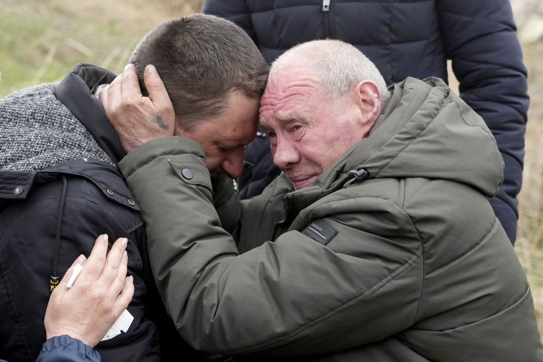 Relatives cry at the mass grave of civilians killed during the Russian occupation in Bucha, on the outskirts of Kyiv, Ukraine, Friday, April 8, 2022. 