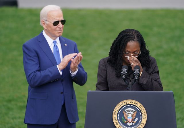 Jackson reacts while speaking at a White House ceremony a day after her confirmation. During <a href="index.php?page=&url=https%3A%2F%2Fwww.cnn.com%2Fpolitics%2Flive-news%2Fketanji-brown-jackson-biden-harris-speech%2Fh_141440e9a56f7e98c762a06a8ed49936" target="_blank">an emotional address,</a> she spoke of the responsibility she will have as the first Black woman to sit on the Supreme Court. She also paid homage to those who paved the path for her along the way. "No one does this on their own," she said. "The path was cleared for me so that I might rise to this occasion."