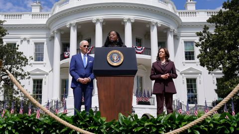 Judge Ketanji Brown Jackson, accompanied by President Joe Biden and Vice President Kamala Harris, speaks during an event on the South Lawn of the White House in Washington, Friday, April 8, 2022, celebrating the confirmation of Jackson as the first Black woman to reach the Supreme Court. 