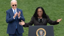 Judge Ketanji Brown Jackson speaks as US President Joe Biden reacts at an event celebrating Jackson's confirmation to the US Supreme Court on the South Lawn of the White House on April 08, 2022 in Washington, DC. (Photo by Jim WATSON / AFP) (Photo by JIM WATSON/AFP via Getty Images)