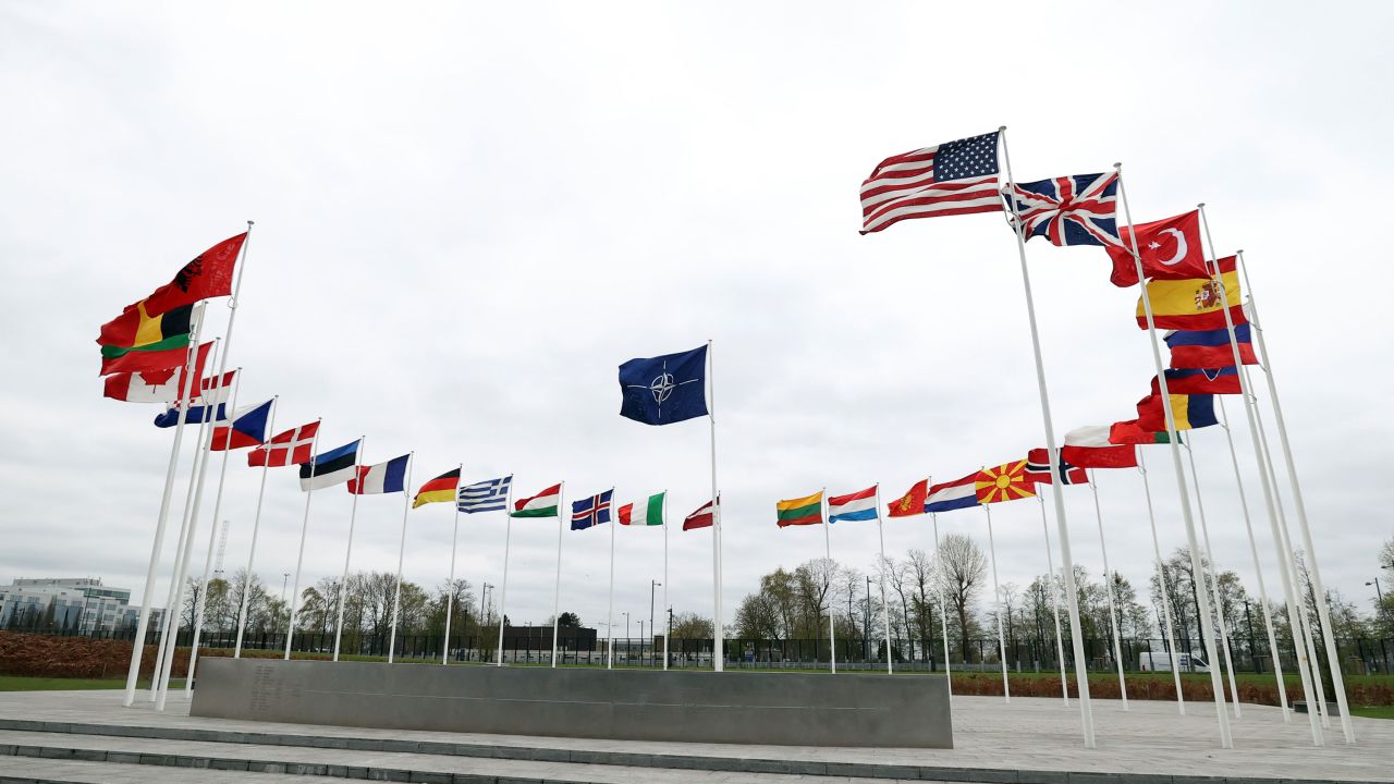 The flags of NATO member countries are seen ahead of NATO foreign ministers meeting at NATO Headquarters in Brussels, Belgium, on Wednesday, April 6, 2022. 