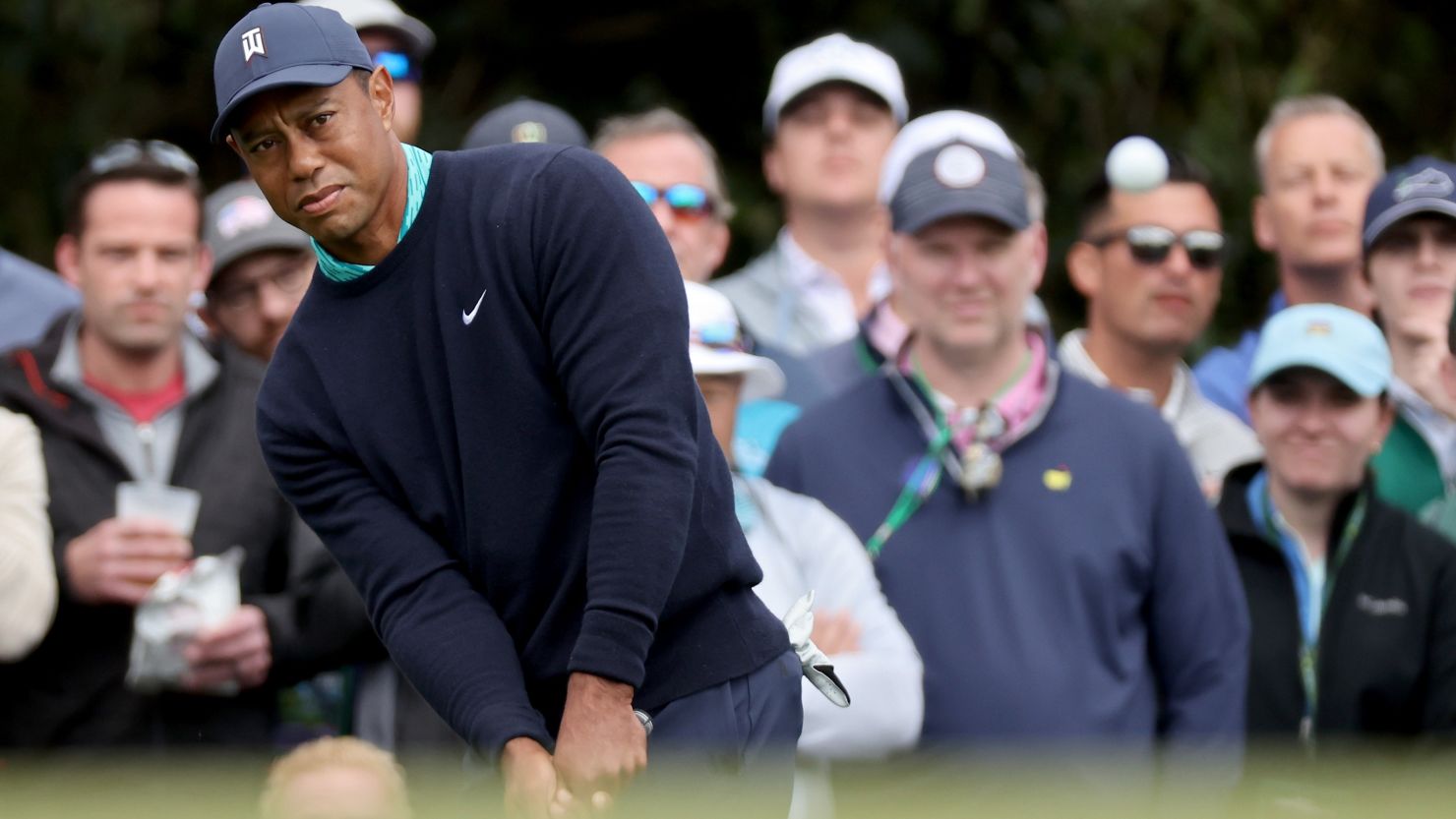Tiger Woods plays his shot on the first hole during the second round of The Masters at Augusta National Golf Club.