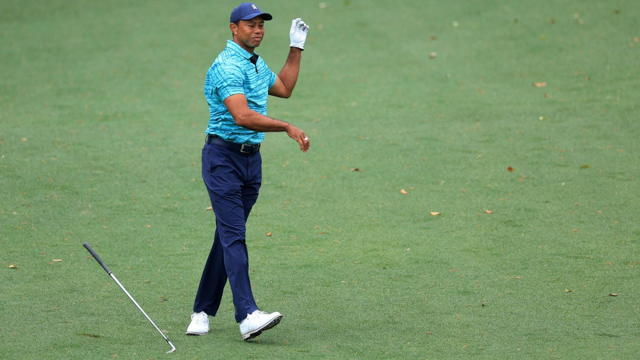 Woods reacts to his shot on the ninth hole during the second round of the Masters.