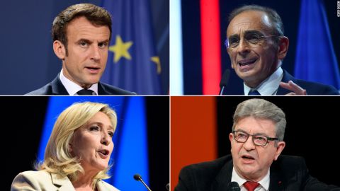 フランス大統領候補エマニュエル・マクロン、エリック・ジェムール、マリン・ルペン、ジャン・リュック・メランション。