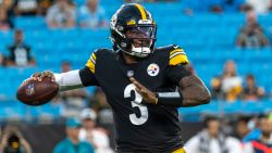 Dwayne Haskins #3 of the Pittsburgh Steelers looks to pass against the Carolina Panthers during the first half of an NFL preseason game at Bank of America Stadium on August 27, 2021 in Charlotte, North Carolina.