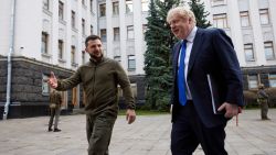 In this image provided by the Ukrainian Presidential Press Office, Ukrainian President Volodymyr Zelensky, left, welcomes Britain's Prime Minister Boris Johnson, in Kyiv, Ukraine, Saturday, April 9, 2022. Boris Johnson has traveled to Ukraine to meet with President Volodymyr Zelensky in show of solidarity. The two leaders meeting Saturday discussed the 