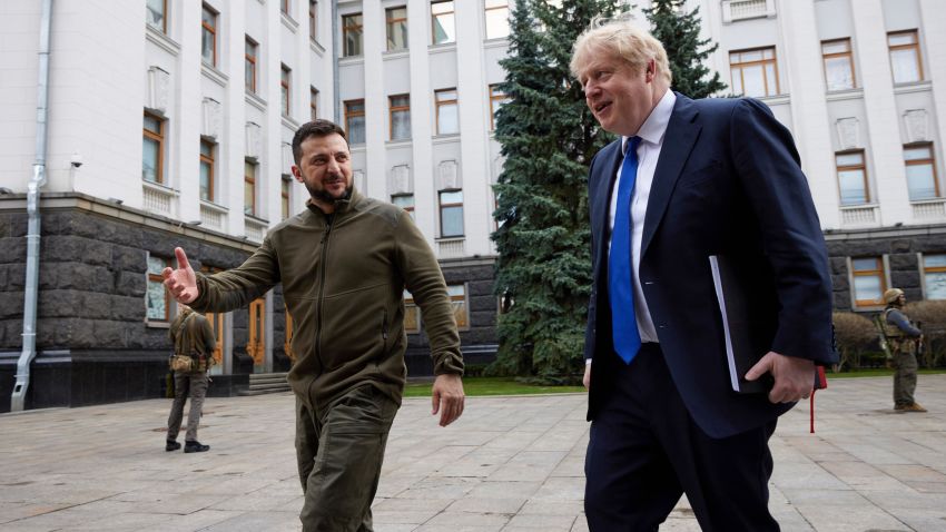 In this image provided by the Ukrainian Presidential Press Office, Ukrainian President Volodymyr Zelensky, left, welcomes Britain's Prime Minister Boris Johnson, in Kyiv, Ukraine, Saturday, April 9, 2022. Boris Johnson has traveled to Ukraine to meet with President Volodymyr Zelensky in show of solidarity. The two leaders meeting Saturday discussed the "U.K.'s long term support to Ukraine'' including a new package of financial and military aid, the prime minister's office said. 