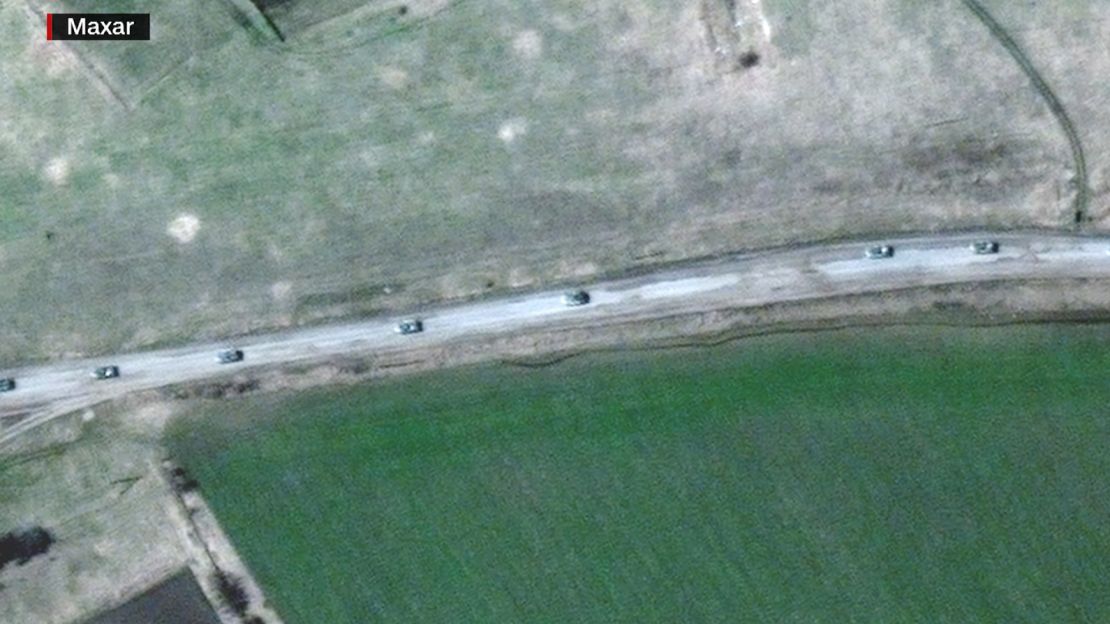A satellite image from Maxar Technologies shows what appears to be an 8-mile-long Russian convoy to the east of Kharkiv.