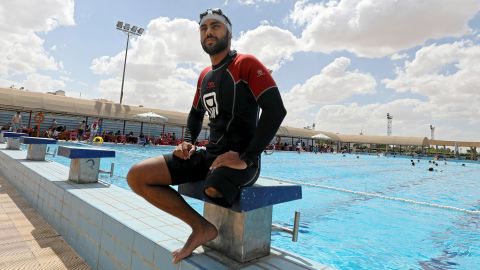 Egyptian swimmer Omar Hegazy rests after practice in Cairo, Egypt on May 20, 2017. 