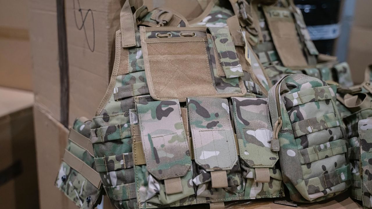 Donated protective vests after they arrived in Ukraine for distribution around the country.