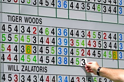 A leaderboard attendant updates the score for Woods on Sunday.