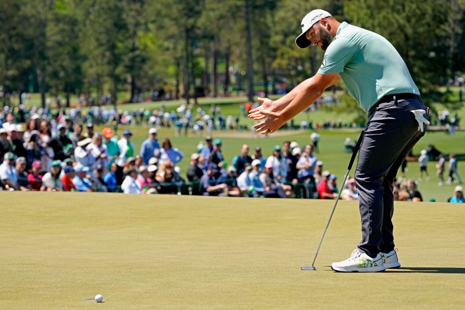 Jon Rahm reacts to a putt on the ninth green Sunday.