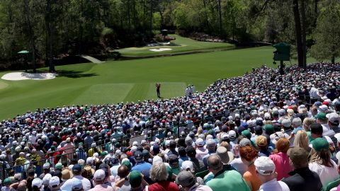 Woods plays his shot from the 12th tee during the final round of the Masters.