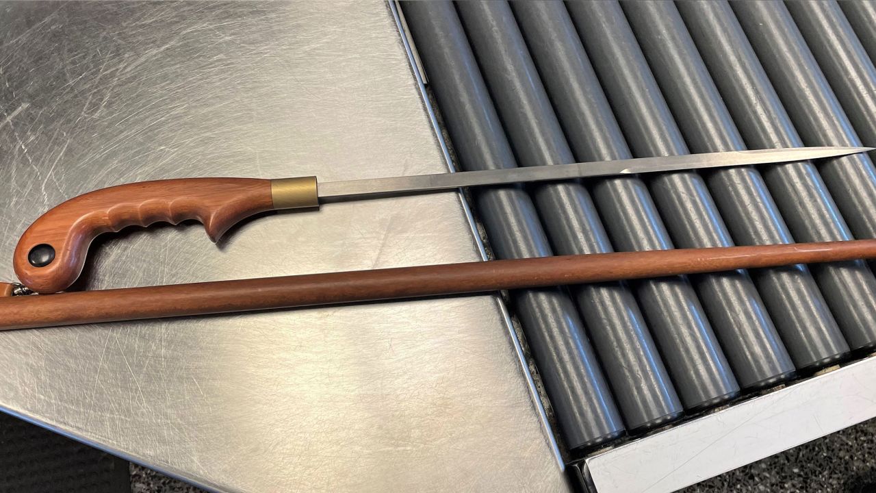 TSA officers at Boston's Logan International Airport discovered a long blade seemingly hidden inside a traveler's cane. 