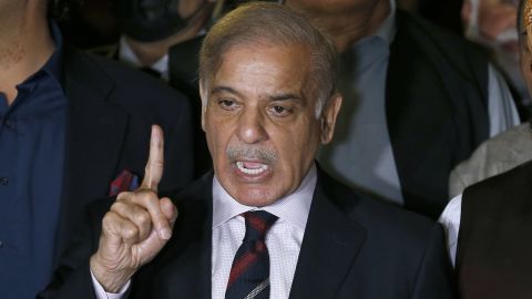 Shehbaz Sharif speaks during a press conference after the Supreme Court decision, in Islamabad, Pakistan, on April 7. 