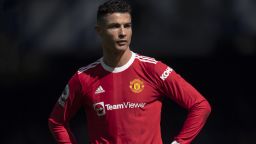 LIVERPOOL, ENGLAND - APRIL 09: Cristiano Ronaldo of Manchester United during the Premier League match between Everton and Manchester United at Goodison Park on April 9, 2022 in Liverpool, United Kingdom. (Photo by Visionhaus/Getty Images)