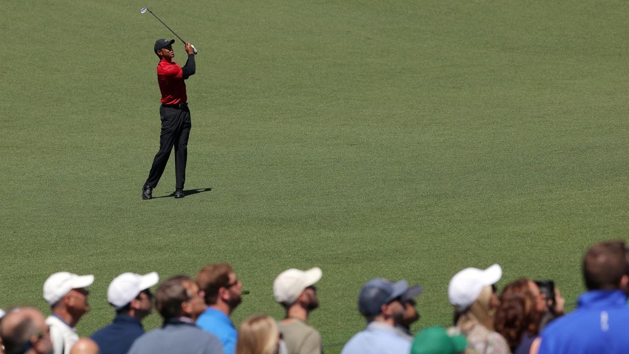 Woods plays his shot on the ninth hole during the final round of the Masters.