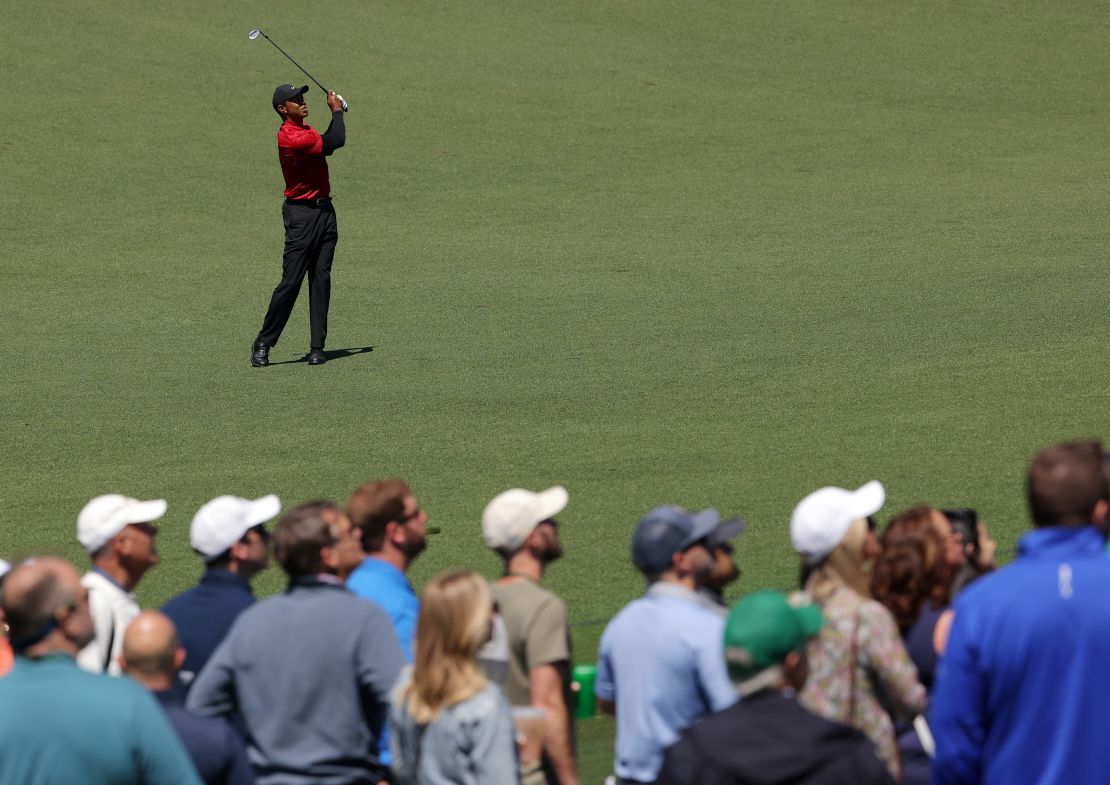 Woods plays his shot on the ninth hole during the final round of the Masters.