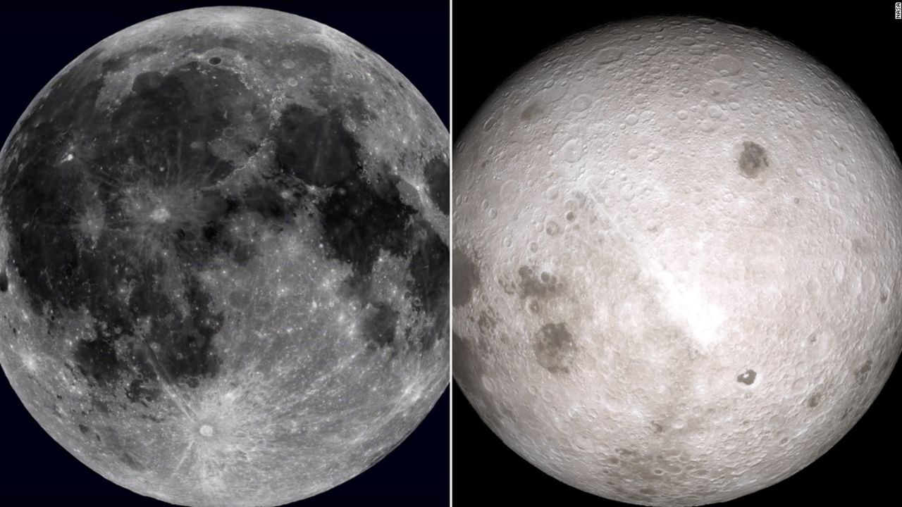 The near side of the moon, left, and the far side of the moon not visible from Earth is on the right. 