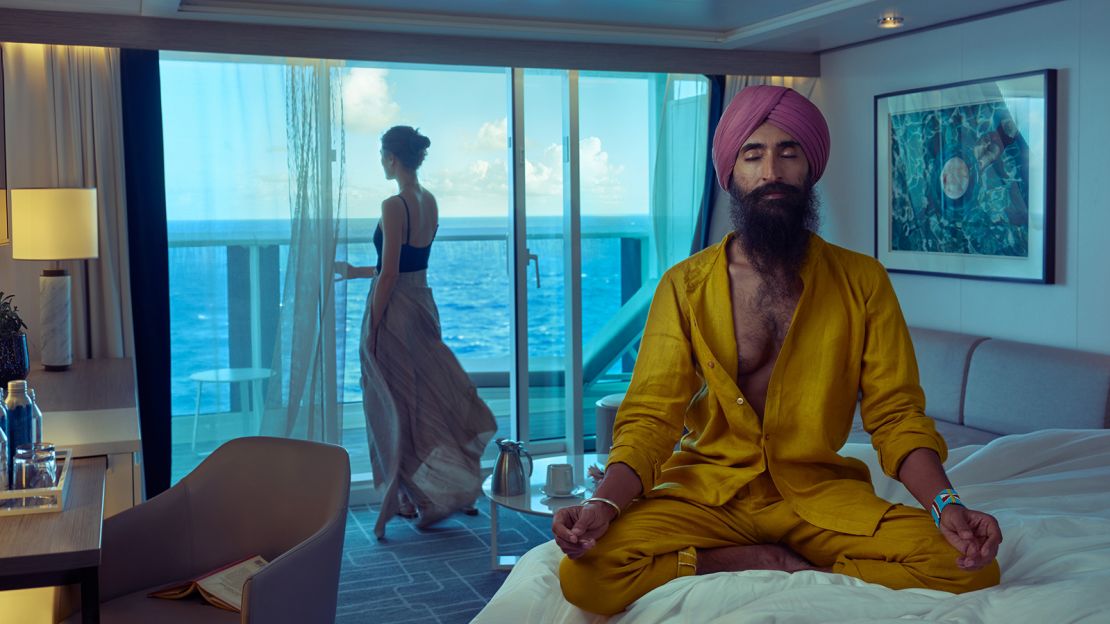 This photograph by Annie Leibovitz shows Sikh-American actor, designer and activist Waris Ahluwalia mediating in a cruise ship stateroom.