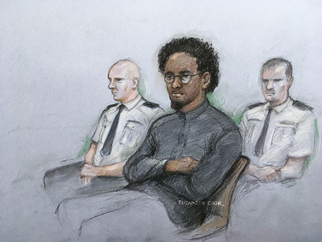 This court artist sketch shows Ali Harbi Ali in the dock at the Old Bailey on March 21, accused of stabbing to death Conservative MP for Southend West David Amess.