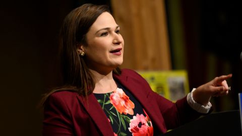 Rep. Abby Finkenauer introduces Democratic presidential candidate Joe Biden on January 3, 2020, in Independence, Iowa. 