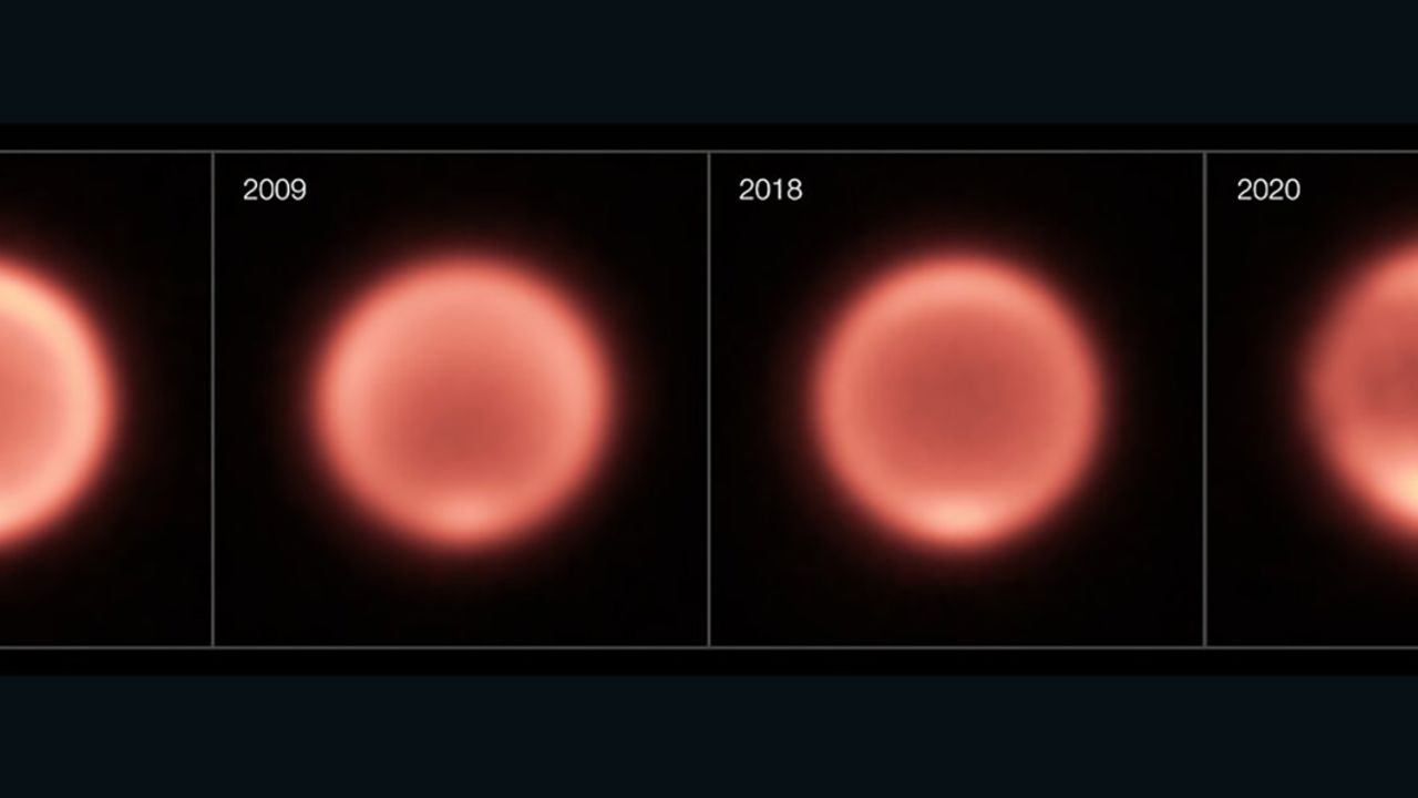 Thermal images show temperature changes on Neptune over time. 