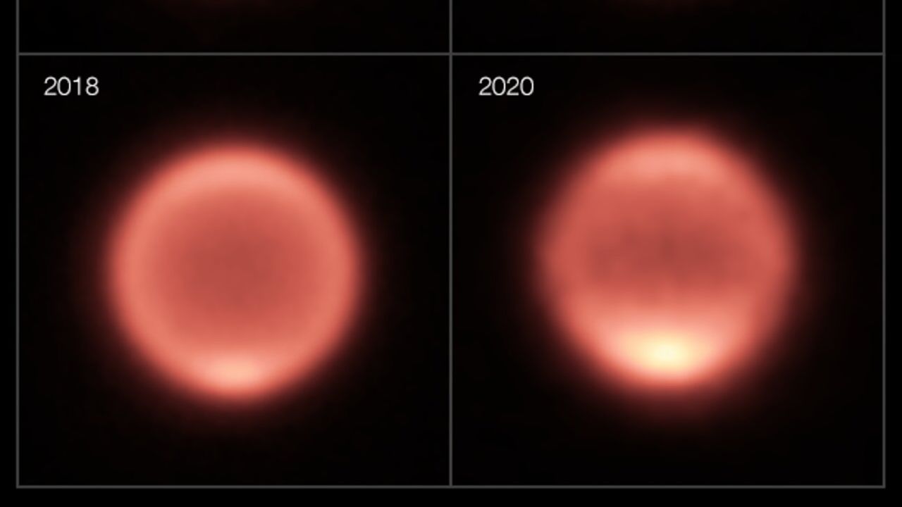 Growing brightness can be seen at Neptune's south pole between 2018 and 2020, indicating a warming trend. 