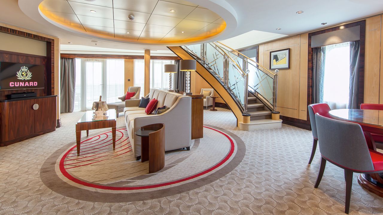 <strong>Cunard Queen Mary 2's Balmoral Suites: </strong>The suite's sweeping staircase is perfect for a grand entrance into your own private cocktail party, toasting to the luxe life in the middle of the ocean. But they don't come cheap, with rates starting from $25,000 per person.  