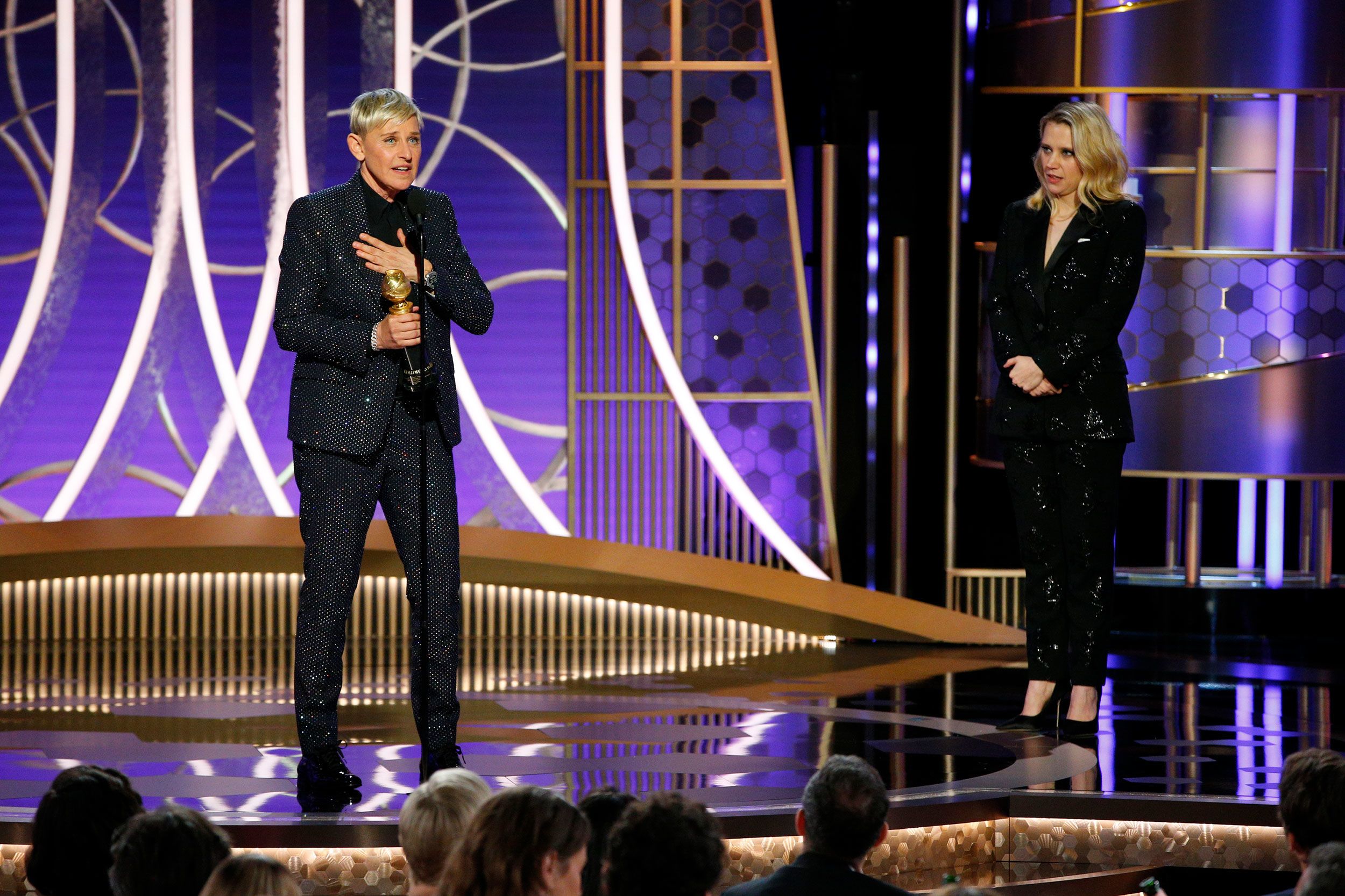 DeGeneres accepts the Carol Burnett Award at the Golden Globes in January 2020.