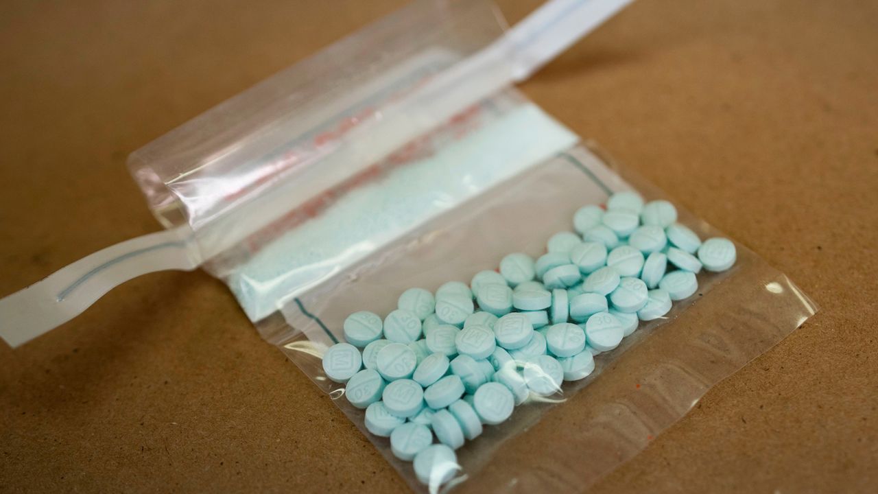 Tablets believed to be laced with fentanyl are displayed at the Drug Enforcement Administration Northeast Regional Laboratory in New York in 2019.